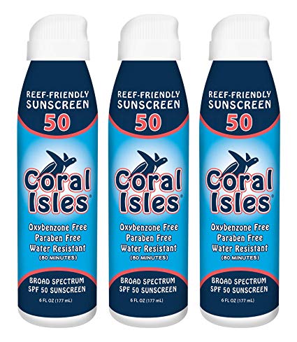 3-Pack: SPF 50 6 oz Coral Isles REEF FRIENDLY & Safe Sunscreen Mist Spray - Broad Spectrum, NO Oxybenzone, NO Octinoxate, NO Parabens, Water Resistant 80 min, Non-Aerosol