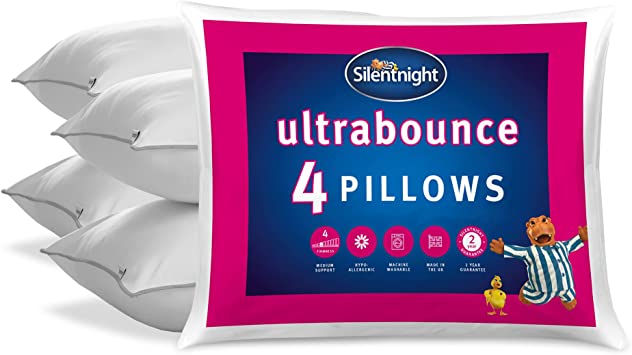 Silentnight Luxury Ultrabounce Pillow 4 Pack – Pack of 4 Soft/Medium Support Bed Pillows with Luxurious Stitched Edging - Comfy Hypoallergenic Machine Washable