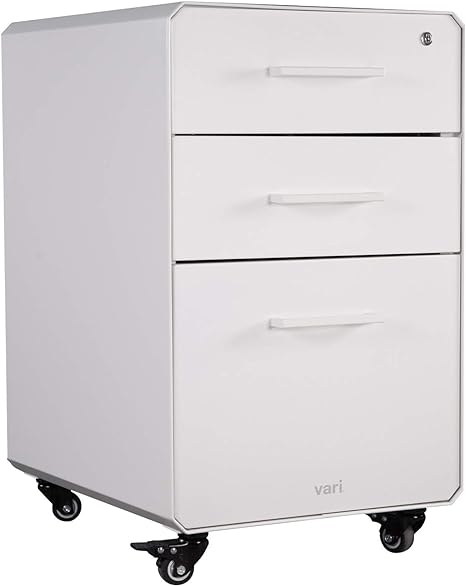 Vari File Cabinet - Three Drawer Office Filing Cabinet for Hanging File Storage - Mobile Pedestal with Heavy-Duty Steel - Storage Cabinet with Roll-and-Lock Casters & Lockable Drawers (White)