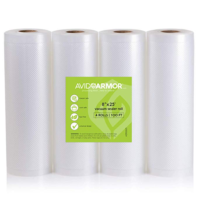 8" x 25' Vacuum Sealer Bags Rolls 4 Roll Pack for Food Saver, Seal a Meal Vac Sealers, Heavy Duty Commercial, Sous Vide, BPA Free FITS INSIDE ROLL STORAGE Cut Bag to Size 100 Total Feet Avid Armor