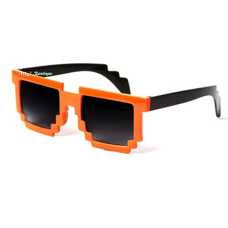 8-Bit Pixel Two Tone Orange & Black Pixelated Sunglasses Dark Lens Video Game Geek Party - FREE POUCH