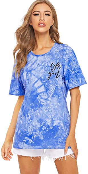Milumia Women Tie Dye Tee Shirts Casual Loose Fit Short Sleeves Round Neck Tops