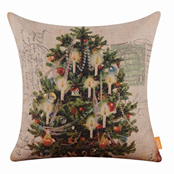 LINKWELL 45x45cm Shabby Chic Look Merry Christmas Collection Deer Christmas Tree Santa Claus Snowman Rabbit Burlap Pillow Case Cushion Cover with 1pc Coaster (CC615)