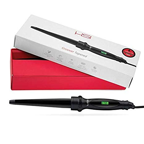 HSI Professional Groover Tapered 1 Inch Curling Iron Wand - Digital LCD Curler Iron w/Adjustable Heat & Ceramic Tourmaline Barrel - Easy Beach Waves & Curls For Women