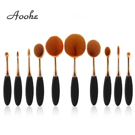 Aoohe 10 pcs/set Makeup Brush Set-Soft Oval Cosmetics Foundation Brush-Toothbrush Curve Makeup Brushes Set (black and gold)