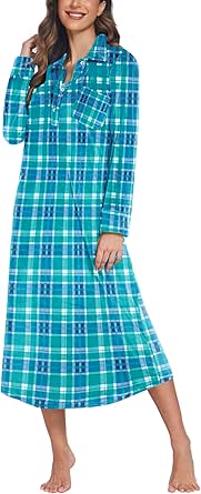 Ekouaer Women Flannel Nightgown Full Length Boyfriend Nightshirt Plaid Long Sleep Dress with Button Loungewear S-XXXL