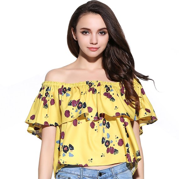 BLDO Women's Summer Off Shoulder Floral Cute Loose Blouse Yellow