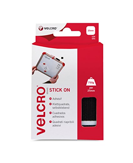 VELCRO Brand Stick On Squares, 25 mm - Black, Pack of 24