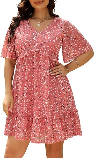 Nemidor Womens Loose Plus Size Summer Ditsy Floral Print Ruffle Mini Flowy Dress NEM314