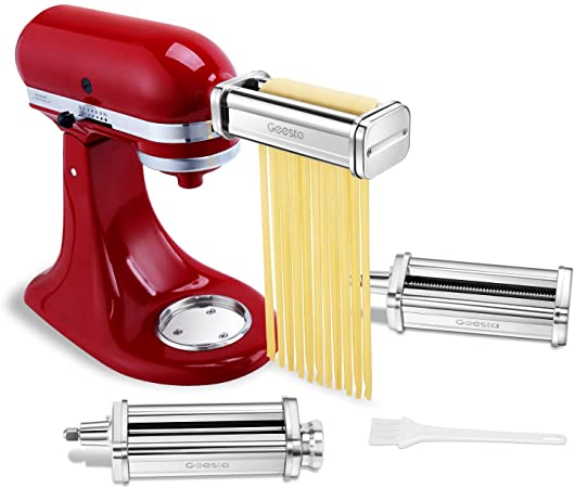 Geesta 3 Piece Pasta Roller and Cutter Attachment Set for KitchenAid Mixers -Wash Available & Stainless Steel Sheet Roller, Spaghetti and Fettuccine Cutters, Cleaning Brush - 8 Thickness Settings
