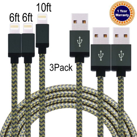 Jricoo 3pcs 6FT 6FT 10FT Lightning Cable Popular Nylon Braided Charging Cable Extra Long USB Cord for iphone 6s, 5SE, 6s plus, 6plus, 6,5s 5c 5,iPad Mini, Air,iPad5,iPod on iOS9.(gold gray)
