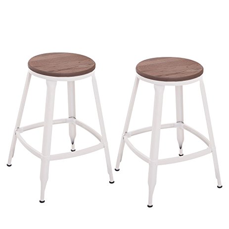 HomCom 25” Counter Height Industrial Modern Metal Barstool - Set of 2 (Round, White)