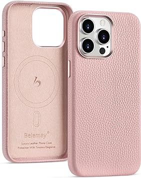 Belemay Leather Case for iPhone 15 Pro Max - MagSafe and Wireless Charging Compatible - Premium Top Grain Leather - Metal Buttons & Camera Bezel - Slim Fit - Luxurious Phone Cover (6.7-inch) - Pink