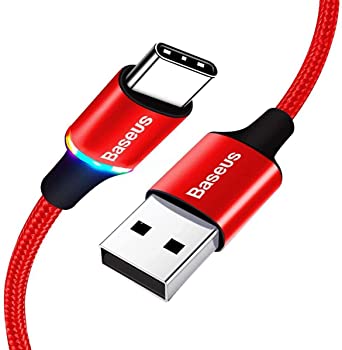 USB Type C Cable, Baseus Fast Charger 3.3FT USB-C Cable, Nylon Braided USB-A to Type-C LED Charging Cord for Samsung Galaxy S20 S10 S9 S8 Plus, Note 10 9 8, Redmi Note 8/12, Huawei, LG, NS, Red
