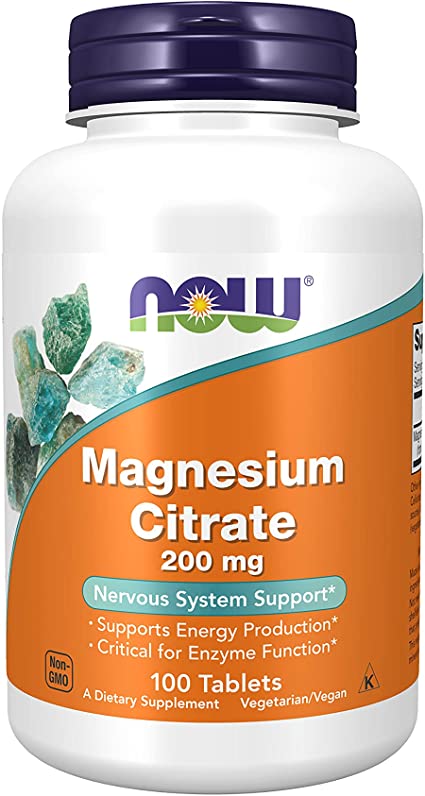 Now Foods Supplements, Magnesium Citrate 200 mg, Enzyme Function, Nervous System Support, 100 Tablets, 100 Count (Pack of 1), 300.0, Count,