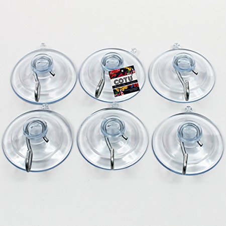 COTU (R) 6 Pack of All Purpose 1 3/4 inch Medium Strong Suction Cups with Hooks - Made in USA (Holds up to 3 lbs per Suction Cup)