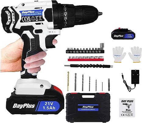 Cordless Drill and Screwdriver Set, 21V Electric Combi Drill with 2 x 1500mAh Battery, 2-Speed Rechargeable Power Tool - 45Nm, 25 1 Torque, Forward * Reverse Rotation, 29pcs Accessories