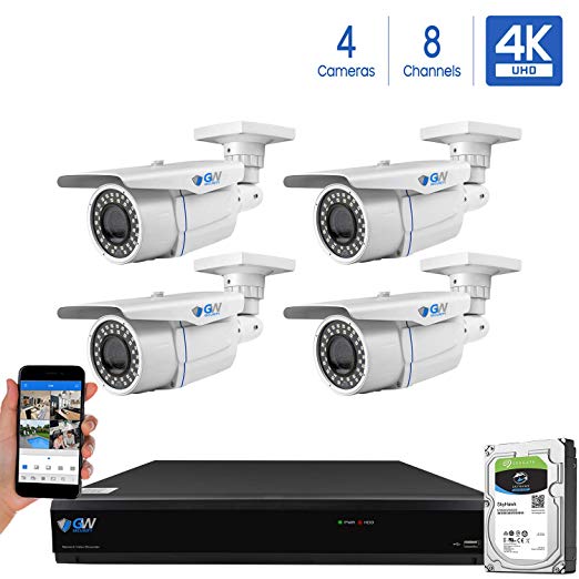 GW 8-Channel 4K H.265 Complete CCTV Security System with (4) x HD 8MP 2160P Outdoor/Indoor 2.8-12mm Varifocal Zoom 4K Bullet Security Cameras and 2TB HDD, QR Code Scan Free Remote View