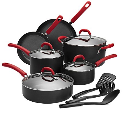 Finnhomy Super Value Hard-Anodized Aluminum Cookware Set, Double Nonstick Coating Kitchen Pots and Pan Set, Professional for Home Restaurant, 13-Piece with Red Handle