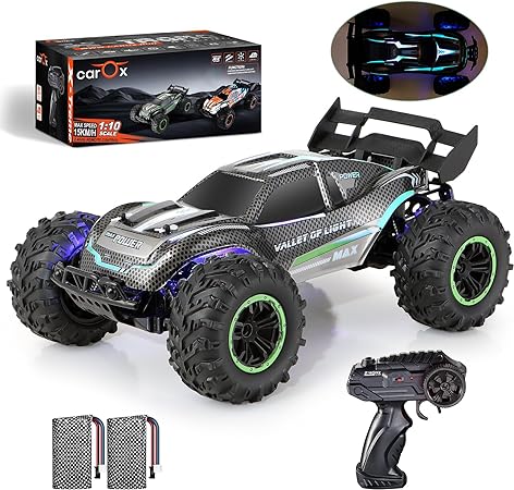 Carox Remote Control Monster Truck with a Translucent Shell, 1:10 Scale Light Large Remote Control Car, RC Crawler Monster Truck Toys with 2 Rechargeable Batteries, Best Gift for Kids and Adults,OX43