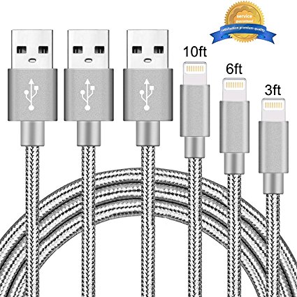 BULESK iPhone Cable 3Pack 3FT 6FT 10FT Nylon Braided Certified Lightning to USB iPhone Charger Cord for iPhone 7 Plus 6S 6 SE 5S 5C 5, iPad 2 3 4 Mini Air Pro, iPod - Gray