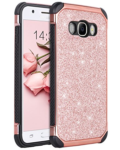 Galaxy J7 2016 Case, Galaxy J7 J710 Case, BENTOBEN Glitter 2 in 1 Luxury Bling Hybrid Hard PC Sparkly Shiny Faux Leather Chrome Shockproof Protective Case for Samsung Galaxy J7 J710 (2016), Rose Gold