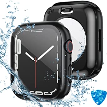 (2 in 1) Tensea for Waterproof Apple Watch Screen Protector Case SE 2022 Series SE 6 5 4 44mm Accessories, iWatch Protective PC Face Cover Built-in Tempered Glass Film, Front & Back Bumper Women Men