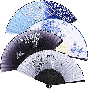 Zonon 4 Pack Handheld Floral Folding Fans Hand Held Fans Silk Bamboo Fans with Tassel Women Hollowed Hand Foldable Fan with Fabric Sleeve for Dancing Wedding Decoration Women Gifts (Lively Color)