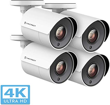 4-Pack Amcrest UltraHD 4K Bullet Outdoor Security Camera, 4K (8-Megapixel), 100ft Night Vision, Heavy Duty Housing, 3.6mm Lens 87° Wide Angle, White (4PACK-AMC4KBC36P-W)