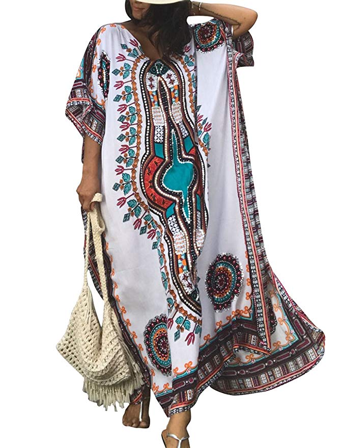 Bsubseach Women Bathing Suits Cover Up Ethnic Print Kaftan Beach Maxi Dress