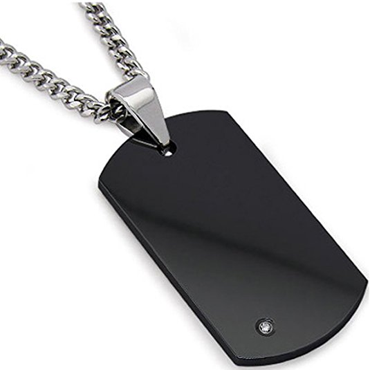 Men's Black Tungsten Carbide Dog Tag with REAL Diamond 24" Steel Curb Link Chain