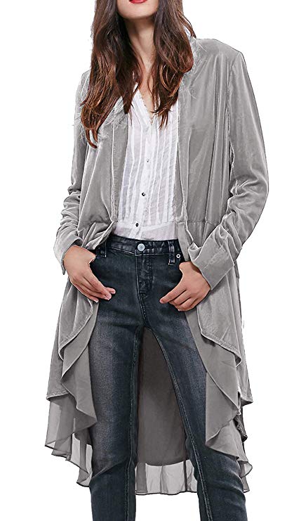 R.Vivimos Women Ruffled Asymmetric Long Velvet Blazers Coat Casual Jackets