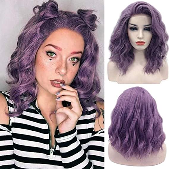 13X4 Lace Mixed Pink Purple Bob Wig Wavy Synthetic Lace Front Wig For Women