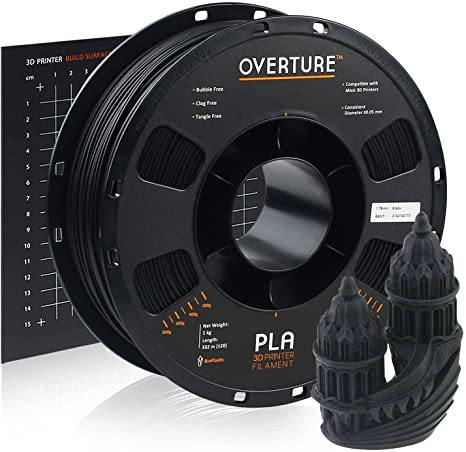 OVERTURE PLA Filament 1.75mm with 3D Build Surface 200mm × 200mm 3D Printer Consumables, 1kg Spool (2.2lbs), Dimensional Accuracy  /- 0.05 mm, Fit Most FDM Printer (Black)