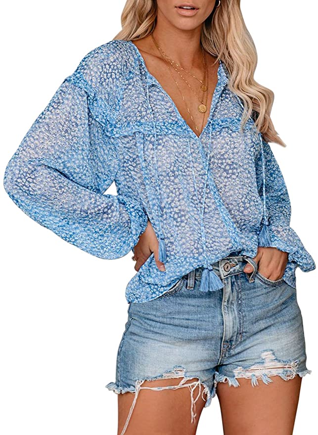 FARYSAYS Women's Casual Boho Floral Print V Neck Long Sleeve Shirts Tops Loose Blouses