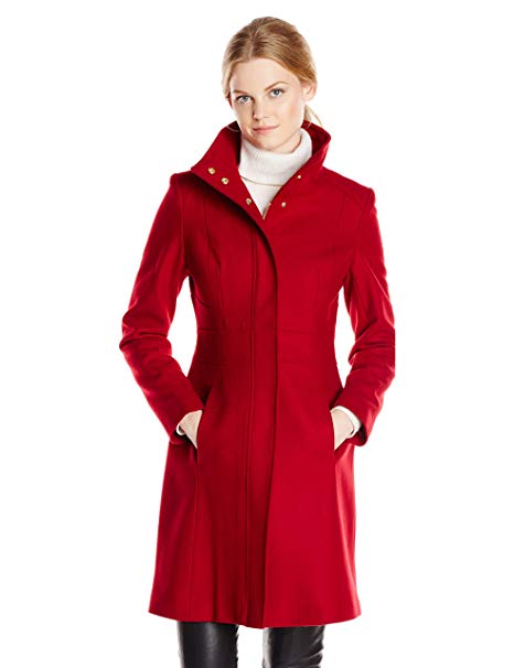 Via Spiga Women's Mid-Length Stand Collar Wool Coat with Waist Slimming Detail