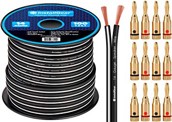 InstallGear 14 Gauge AWG 100ft Speaker Wire Cable - Black with 12 Banana Plugs