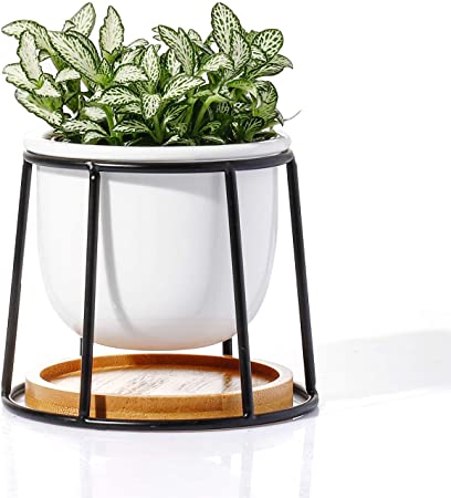 POTEY Ceramic Succulent Planter Pots - 3 Inch Modern Century Indoor Cactus Tabletop Container with Matte Black Metallic Stand with Watering Drain Holes 211111