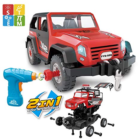 FYD Take Apart Jeep Car STEM Learning Assembly Playset with Functional Battery-Powered Drill - Early Childhood Developmental Skills Construction Toy for Kids Aged 3 and up
