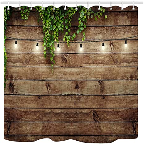 KOTOM Vintage Wooden Board Shower Curtain, Green Leaves on Wood, Waterproof Polyester Fabric Bathroom Decor, Bath Curtains Accessories, with Hooks, 69X70 Inches