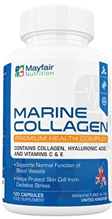 Marine Collagen Complex 700mg - 120 Premium Quality 700mg Capsules to Help Promote Healthy Skin Cells and the Normal Function of Blood Vessels - Contains Collagen, Hyaluronic Acid, and Vitamins C & E - Guaranteed by Mayfair Nutrition