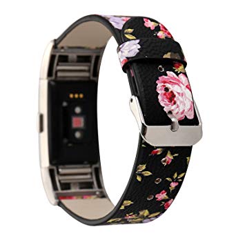 MagicFeel Women Girls Fashion Floral Soft Leather Replacement Accessories Bands Wristband Flower Strap Compatible for Fitbit Charge 2 Smart Watch