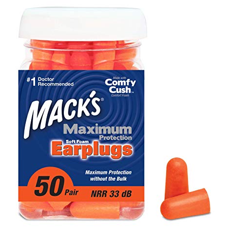Mack’s Maximum Protection Soft Foam Earplugs, 50 Pair – 33 dB Highest NRR – Comfortable Ear Plugs for Sleeping, Snoring, Loud Concerts, Motor Sports and Power Tools