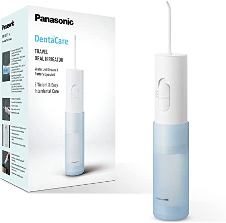 Panasonic EW-DJ11 Compact & Portable Water Flosser, Cordless Oral Irrigator, Tooth Cleaner Nozzle, 2 Level Pressure, Travel use, Waterproof, White/Blue