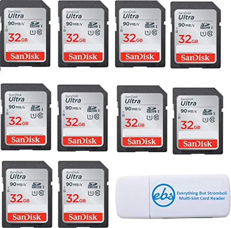 SanDisk Ultra - 10 Pack Bundle UHS-I Class 10 SD Flash Memory Card Retail (SDSDUNC-032G-GN6IN) - With Everything But Stromboli (TM) Combo Card Reader