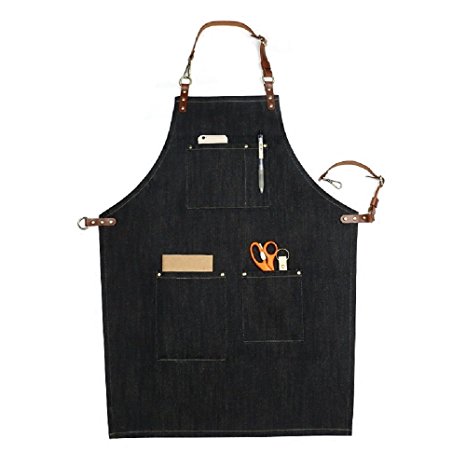 Home-organizer Tech Multi-Use Detachable Tool Apron Heavy Duty Denim Jean Work Apron Salon Barber Hairdressers Apron BBQ Gril Housewife Apron with Pockets, Adjustable for Men & Women