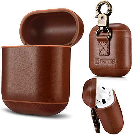 AirPods Case Genuine Leather Full Protective Shockproof Cover Portable with Keychain for Apple AirPods Charging Case (Coffee)