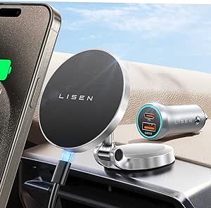 LISEN for 15W Magsafe Car Mount Charger, [Upgrade Set] for iPhone Magsafe Car Charger Wireless with 38W Car Charger, Magnetic Car Phone Holder Dashboard fit iPhone 15 14 13 Pro Max Plus