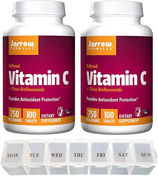Jarrow Formulas Buffered Vitamin C Citrus BioFlavonoids for Antioxidant Protection 750 Milligrams - 100 Tablets (Pack of 2) with Daily Tablet Organizer
