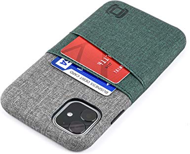 Dockem Luxe M2 Card Case for iPhone 11 (6.1): Built-in Invisible Metal Plate, Designed for Magnetic Mounting: Slim Canvas Style Synthetic Leather Wallet Case (Green & Grey)